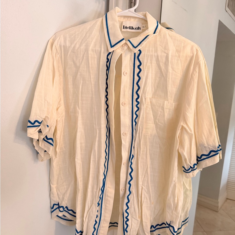 Indikah Cream Shirt with Blue Trim